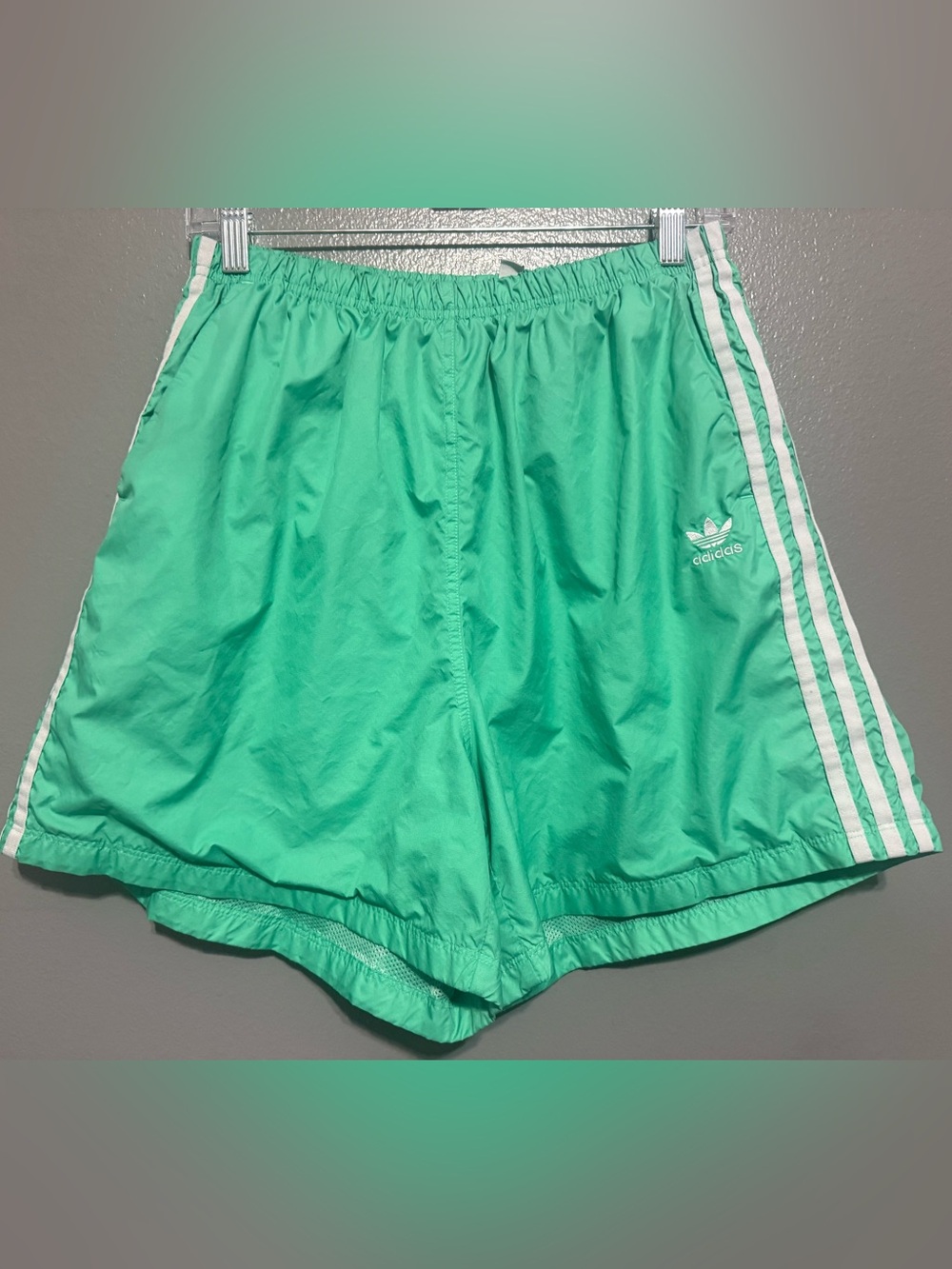 Adidas Mint Green Athletic Shorts with White Stripes Size Large Women’s